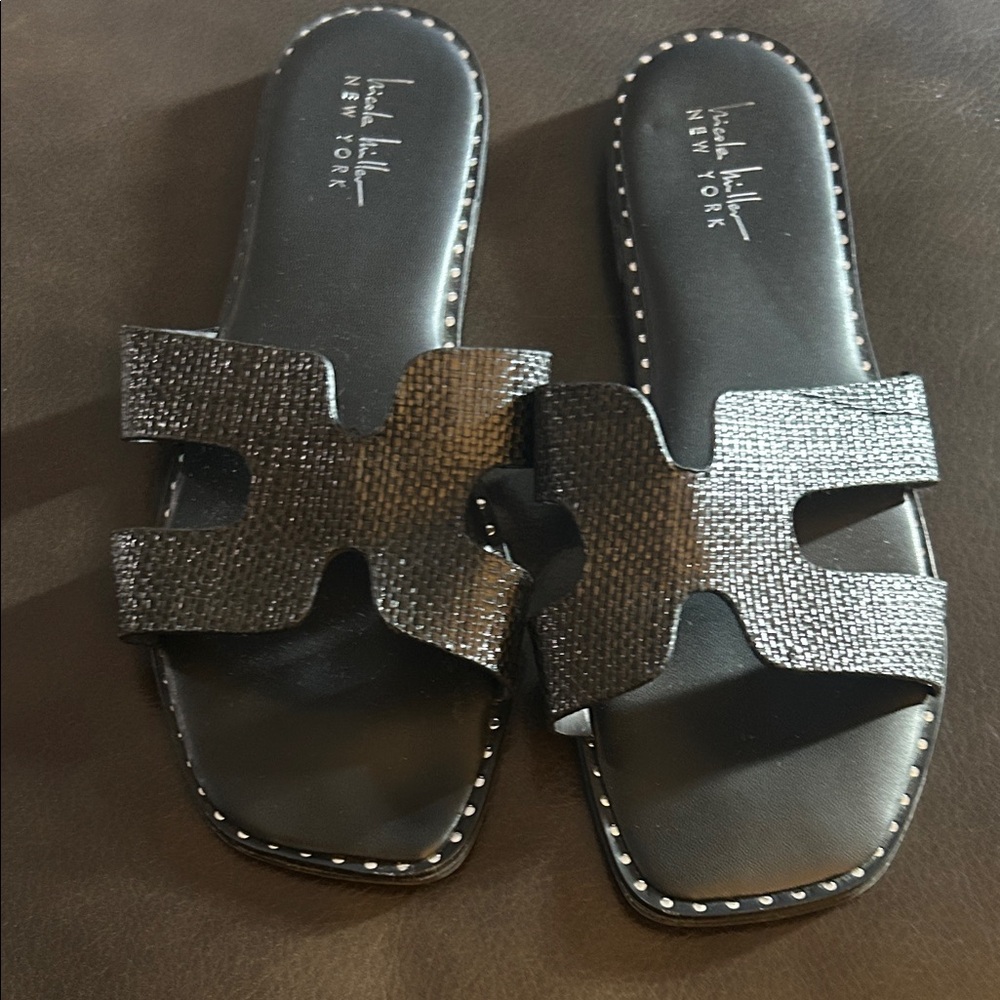 Nicole Miller Black Textured Slide Sandals